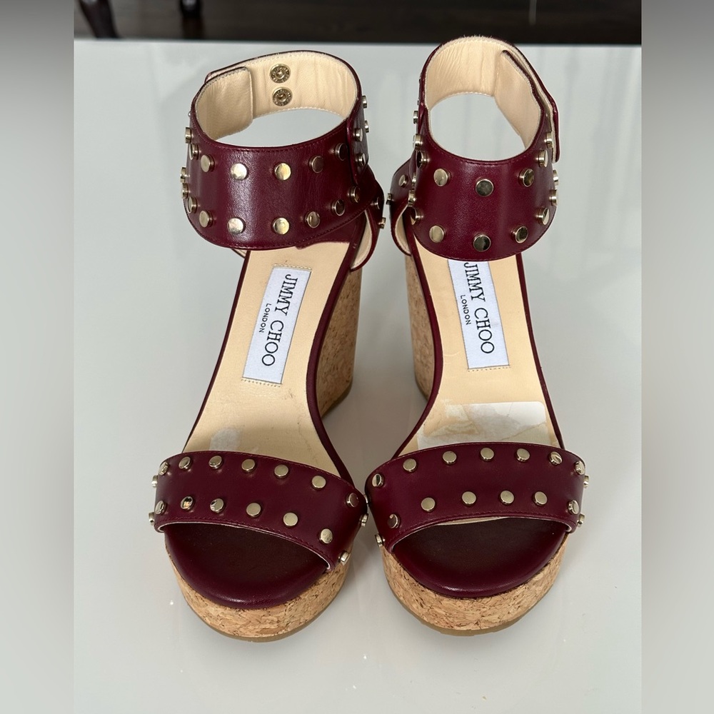 JIMMY CHOO
 Maroon Studded Leather Veto Wedge Platform Sandals